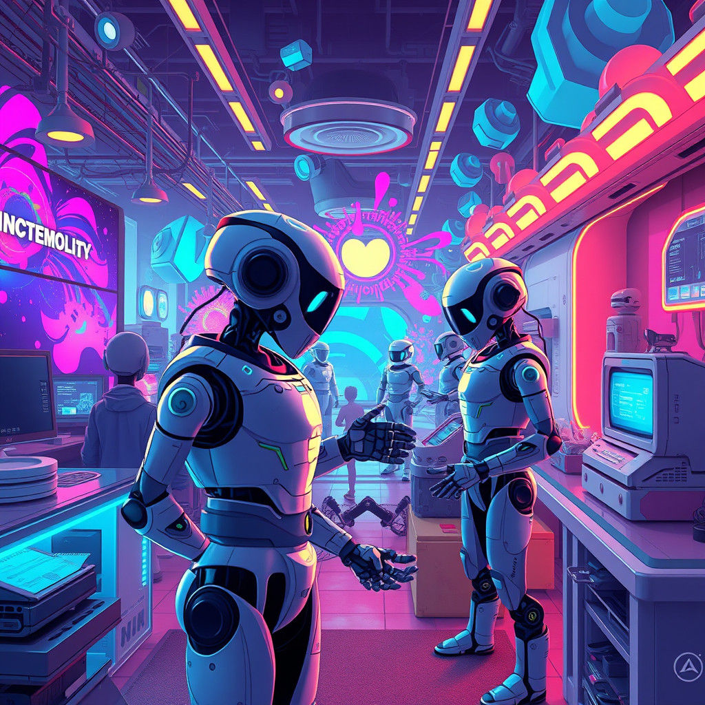 Cartoon AI Robots at Futuristic Tech Expo