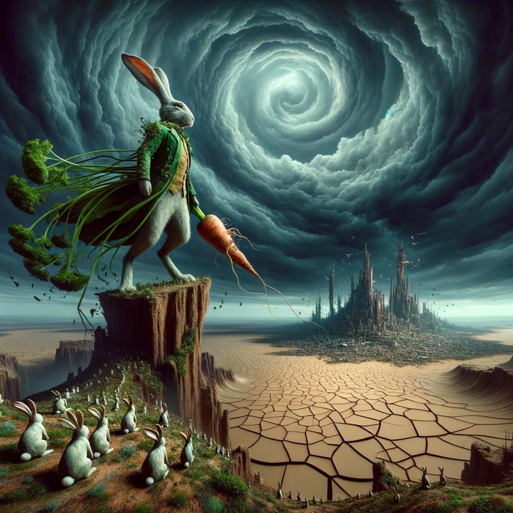 Giant Rabbit Overlords in a Cracked Desert Landscape