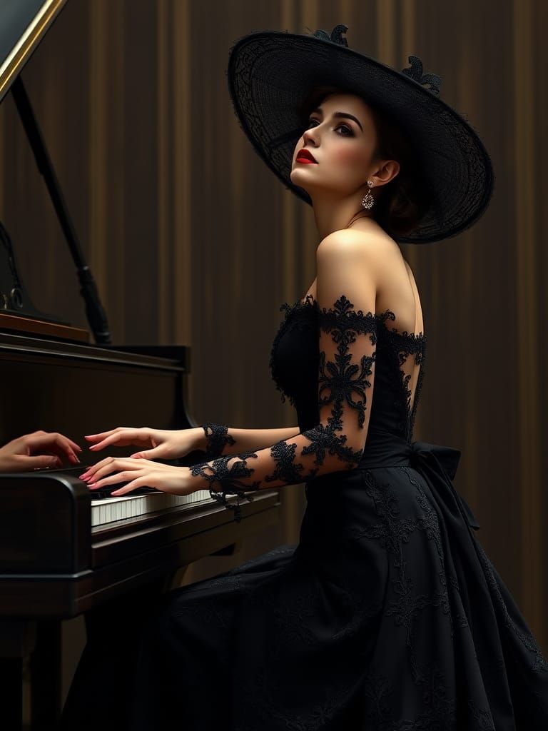 Elegant Woman at Piano in Digital Art Style