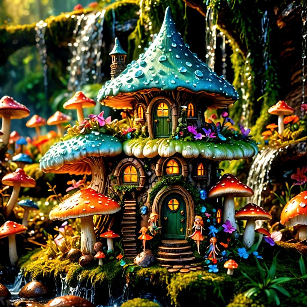 Fairies on Mushroom by Waterfall, Hyperrealistic Photography