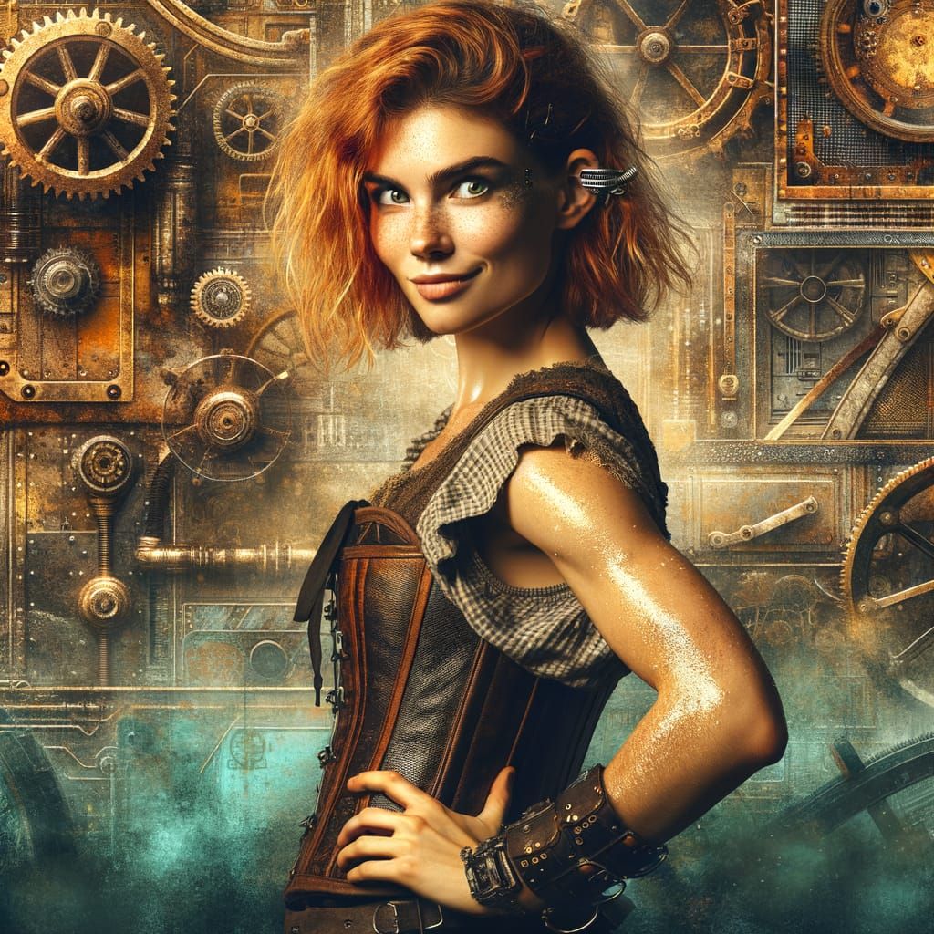 Steampunk Pirate Woman with Red Hair in Industrial Setting