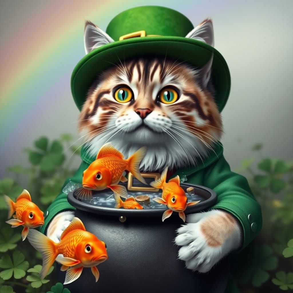 Lucky St. Patty’s Day Cat and His Pot of Goldfish