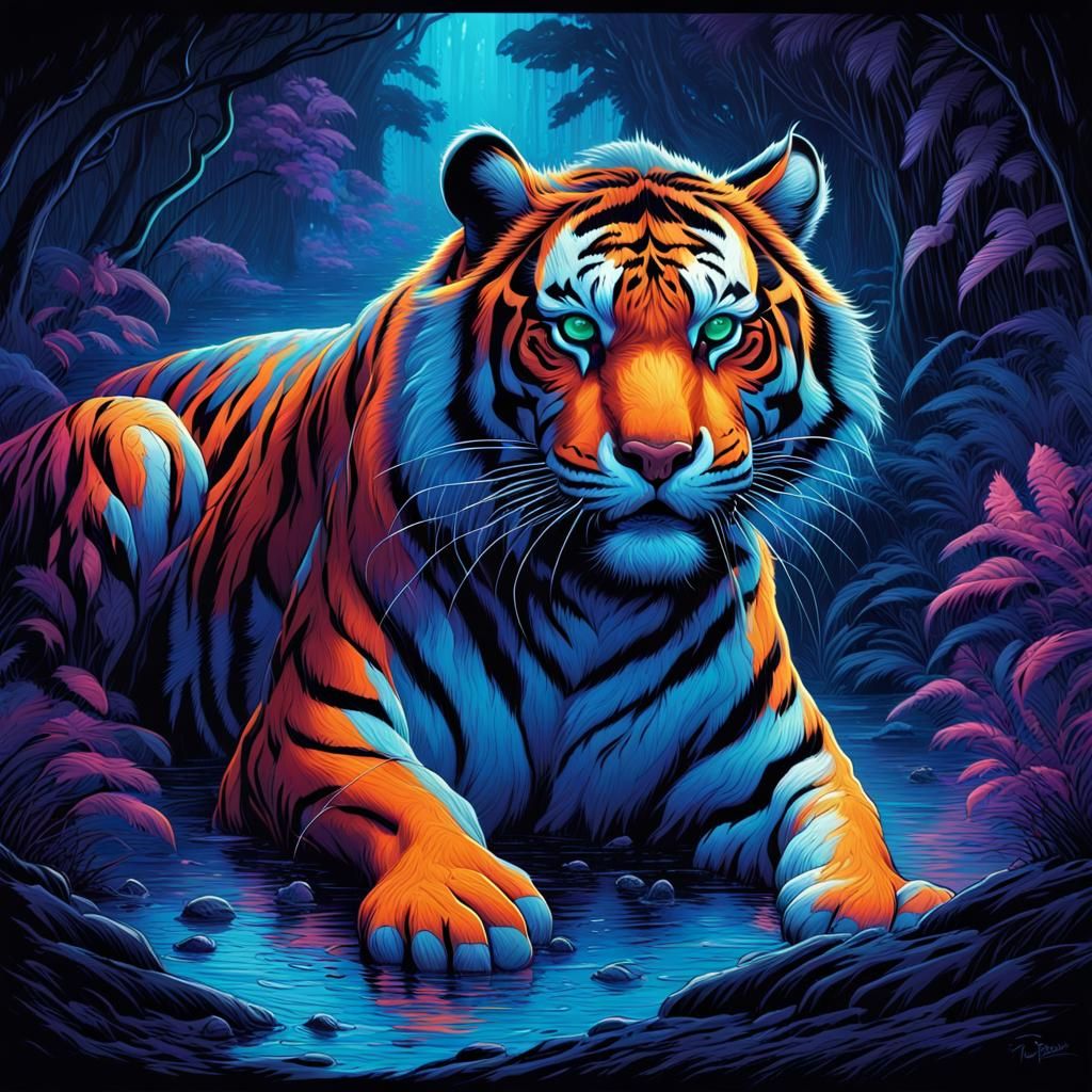UV-Reactive Tiger in Dim Light, Digital Art