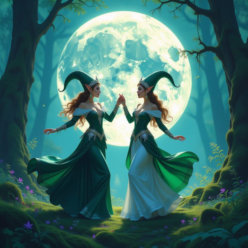Elves Dancing Under Moon in Vibrant Fantasy Art