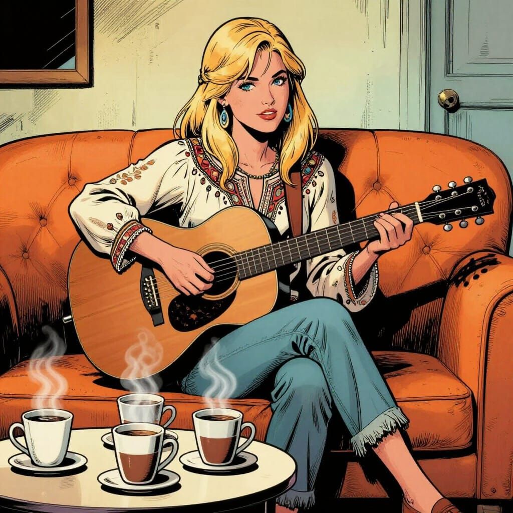 Bohemian Musician with Coffee in Comic Book Style