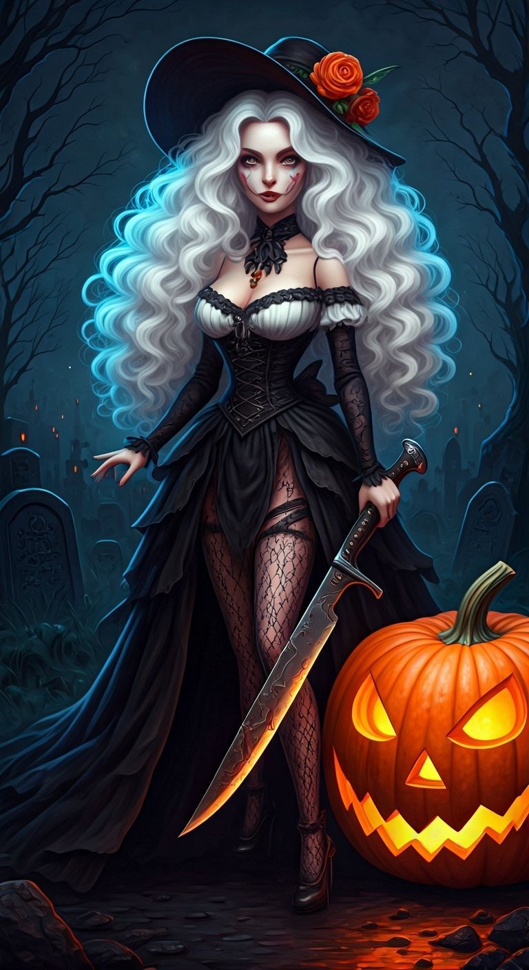 Haunting Doll with Knife in Cyberpunk Graveyard