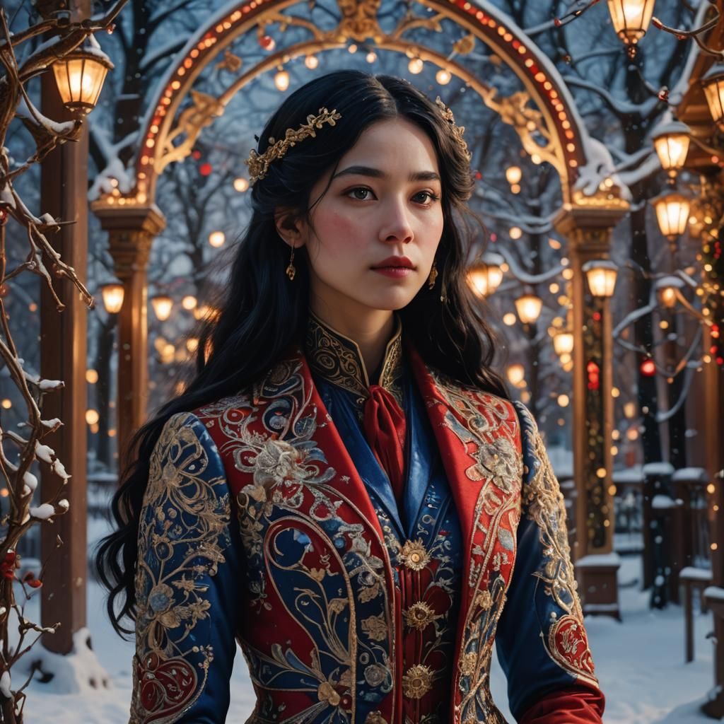 Jugendstil Girl in Red and Blue Suit at Christmas