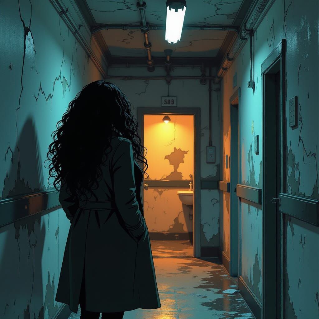 Urban Gothic Tenement Hallway in Graphic Novel Style