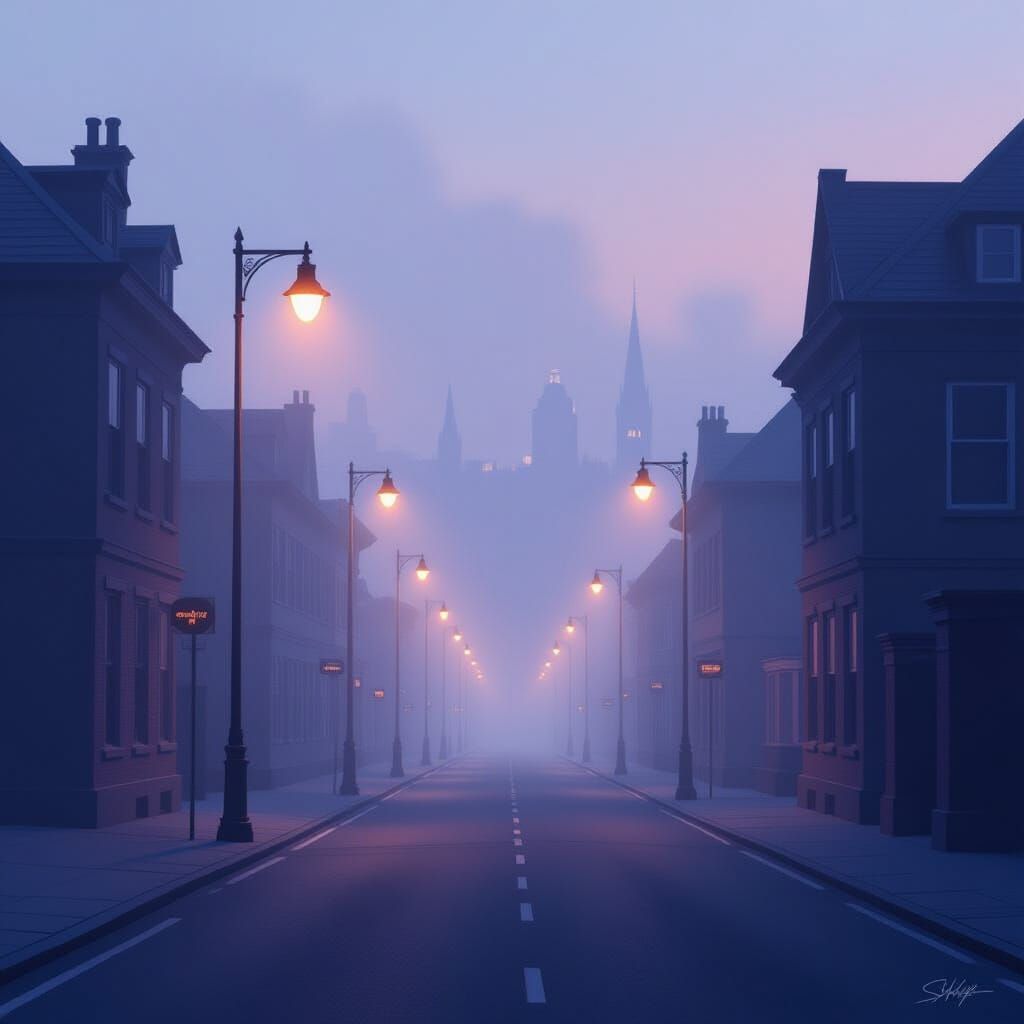 Foggy Street with Glowing Lights and Gradient Sky