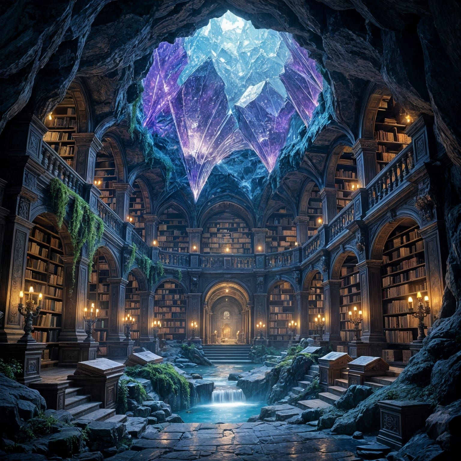 Majestic Amethyst Library in Epic Fantasy Style
