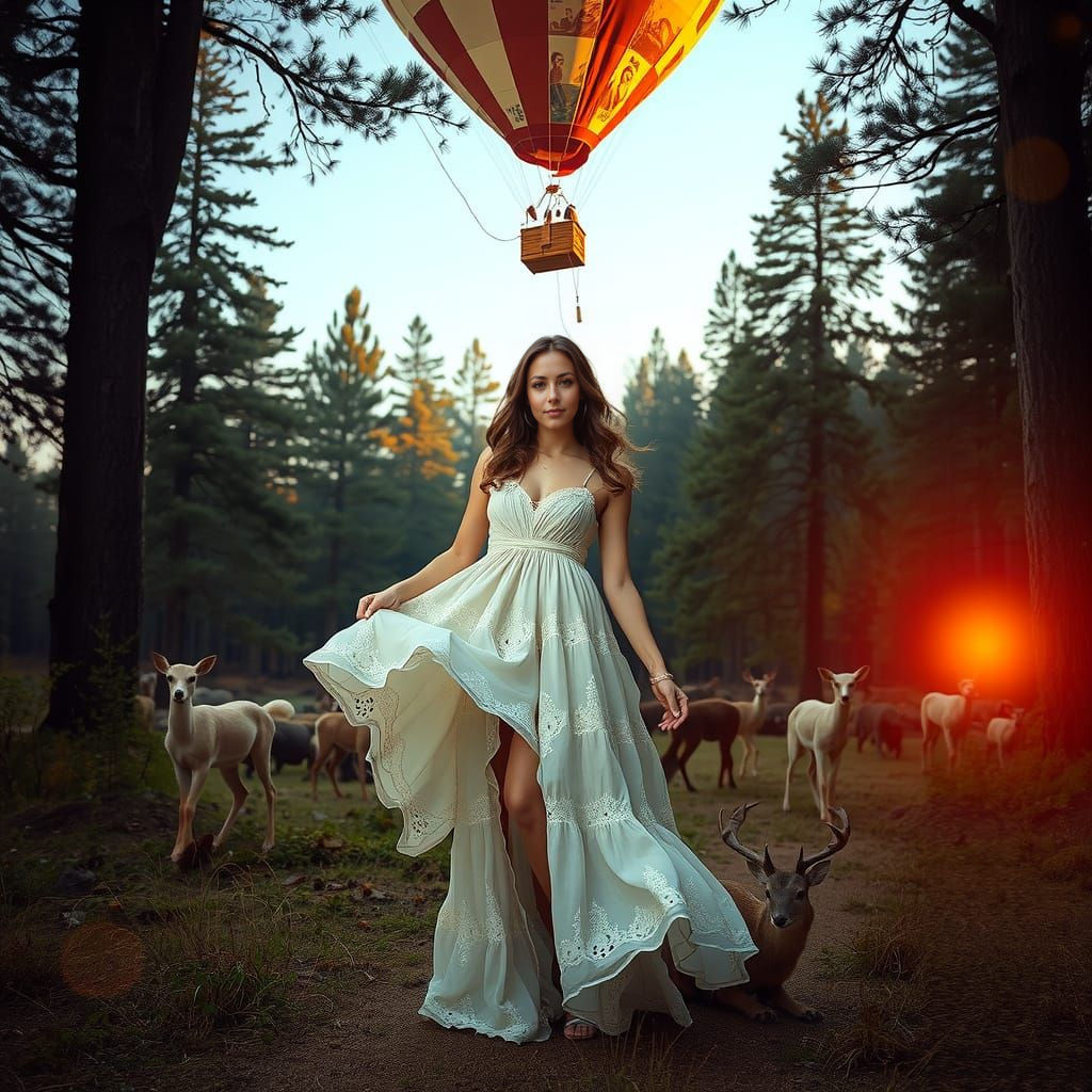Mixed Media Woman and Hot Air Balloon in Forest