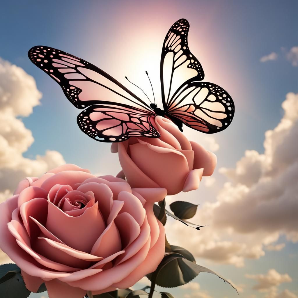 3D Butterfly on Rose Against Sunny Sky