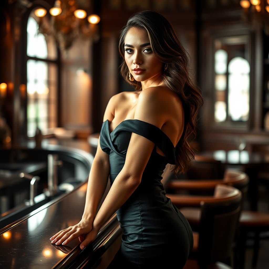 Elegant Woman Posing in Luxurious Bar Setting