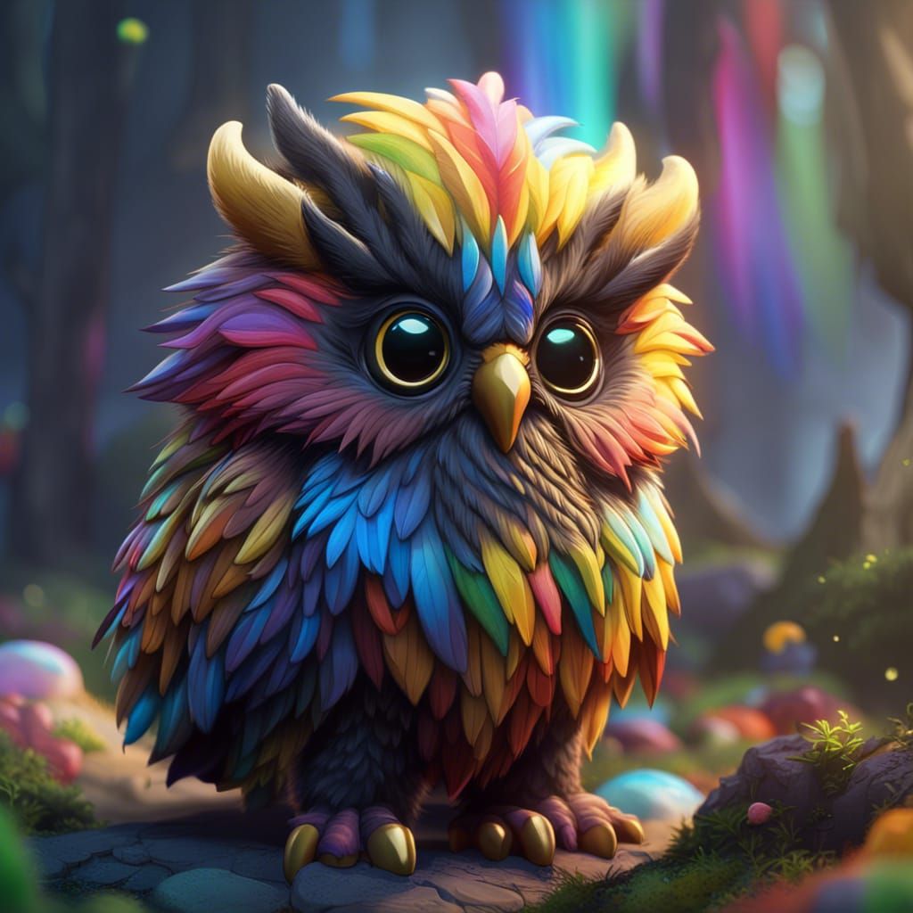 Rainbow Owlbear Cub Fantasy Concept Art