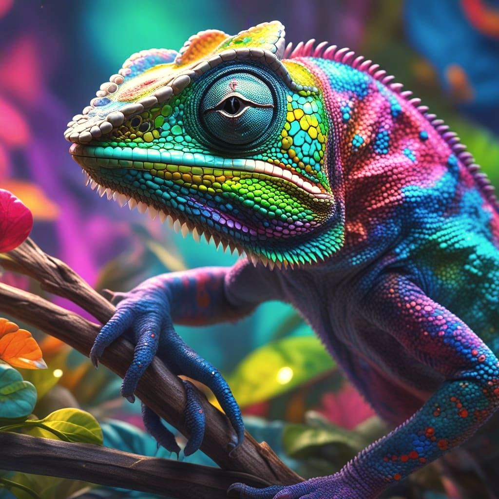 Hyper-Realistic Chameleon Disappears into Vibrant Fantasy