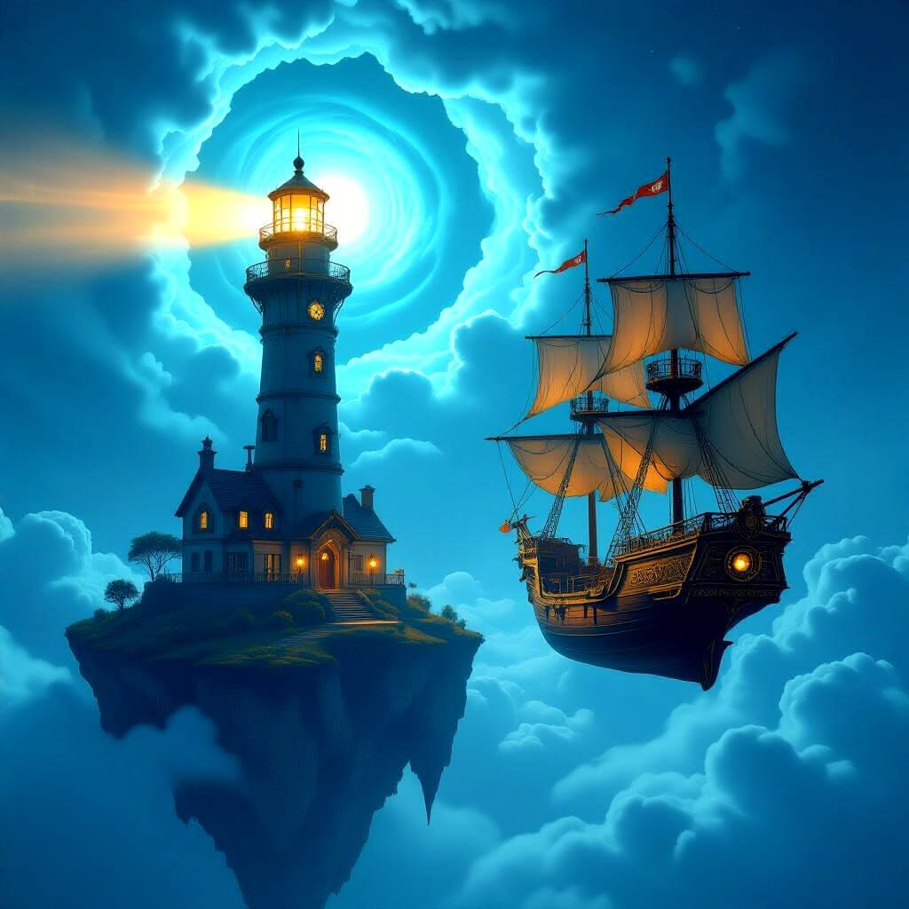 Steampunk Lighthouse on Floating Island at Night