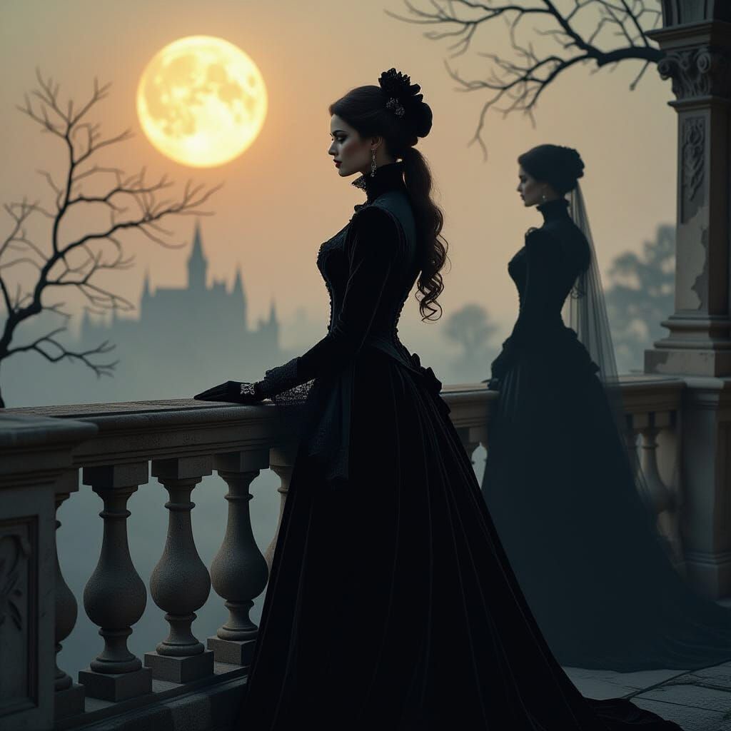 Gothic Woman in Victorian Attire Overlooking Moonlit Landsca...