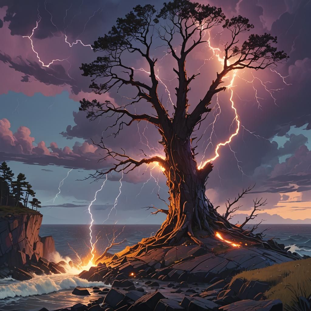 Lightning Strikes Cliffside Tree in Fantasy Landscape