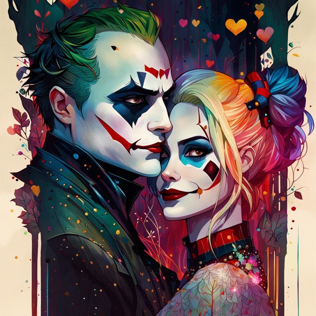 Joker and Harley Quinn Portrait in Luminous Colors