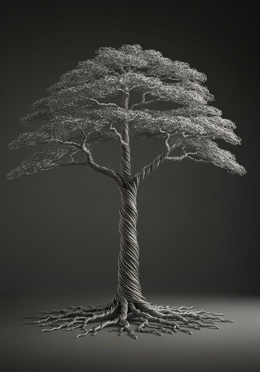 Intricate Metal Wire Tree Sculpture in Studio Lighting