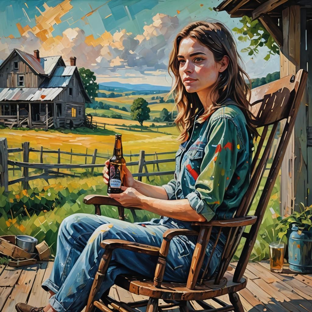 Abstract Landscape with Woman and Beer, Oil Painting
