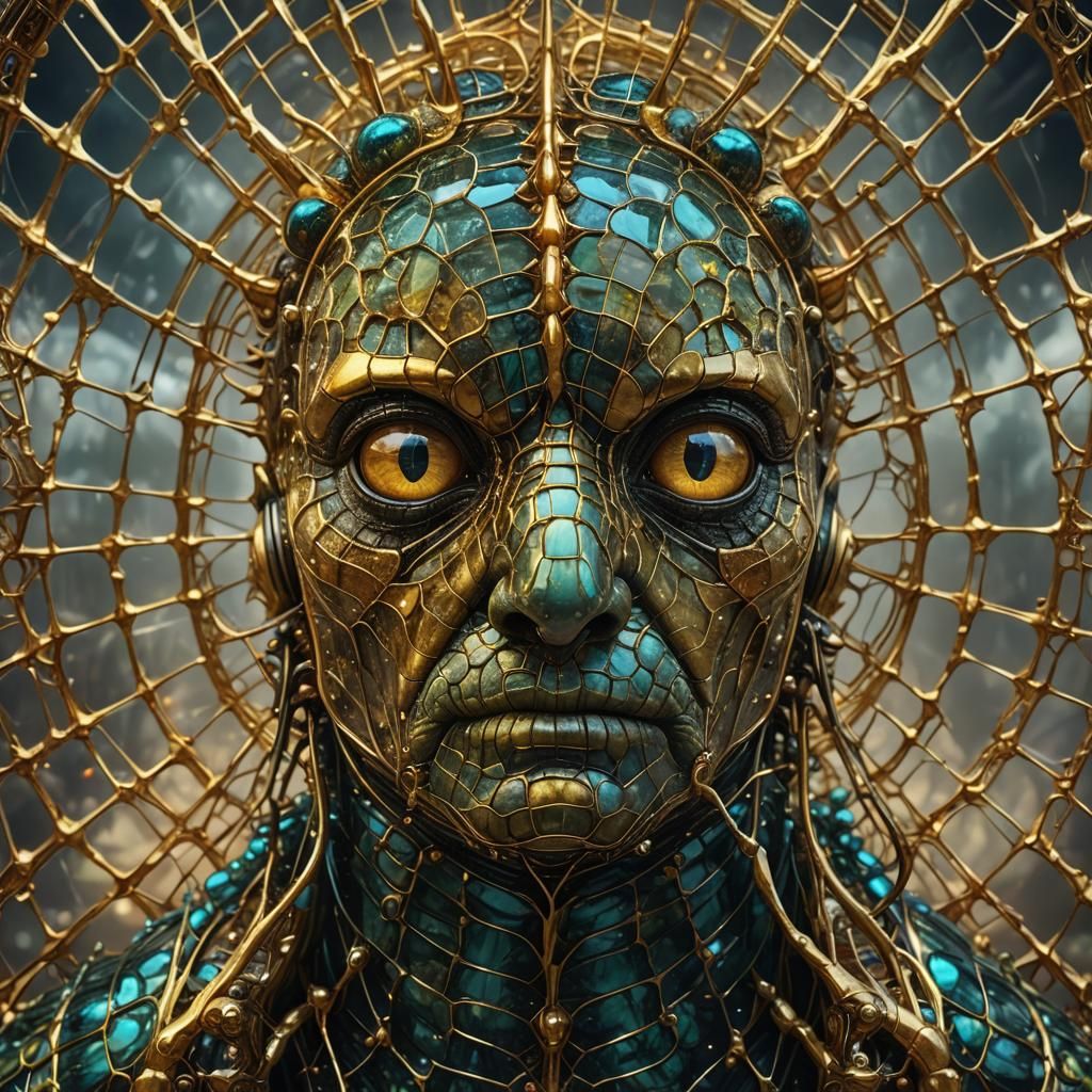 Colored Glass Caterpillar on Gold Cobweb