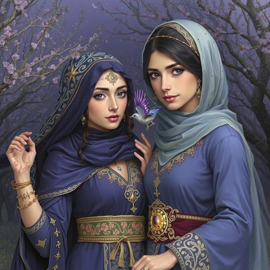 Woman with Mythical Bird in Twilight Orchard