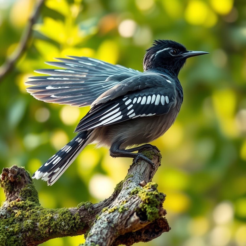 Cuckoo Bird Stretching on Mossy Branch: Wildlife Photography