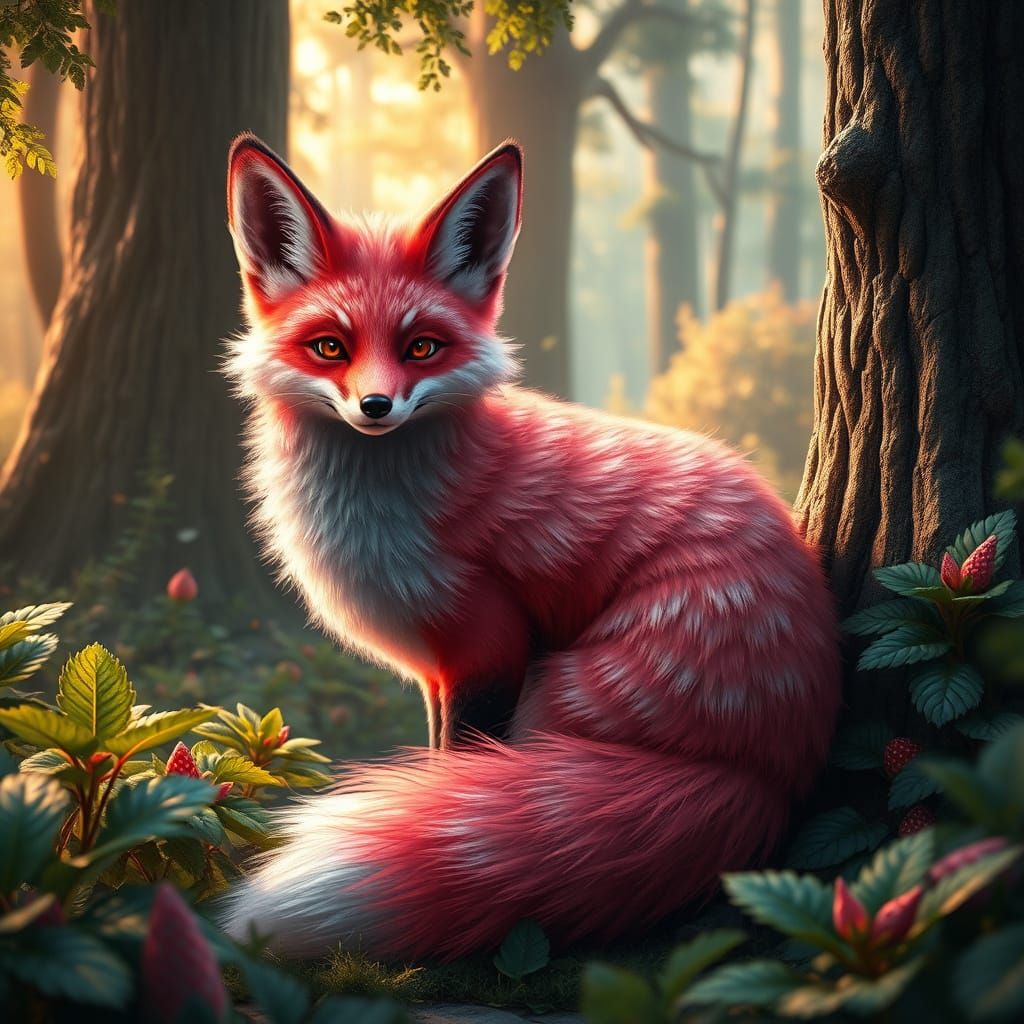 Strawberry Fox in Whimsical Forest Landscape