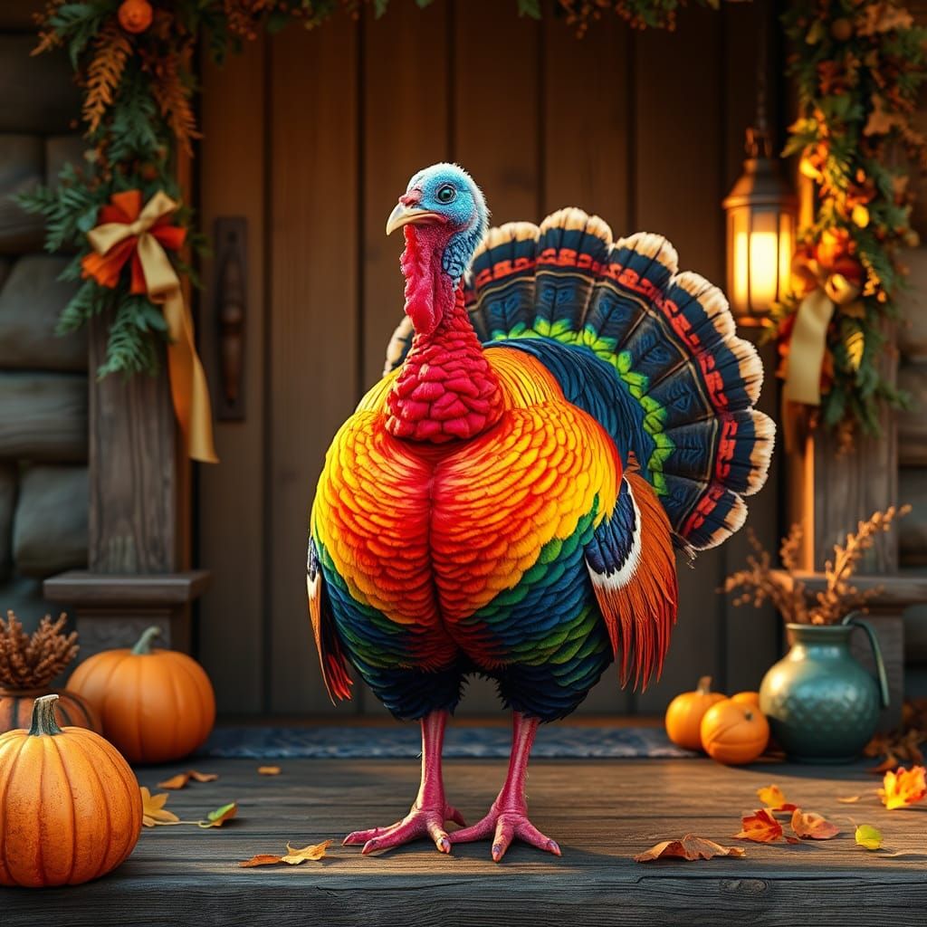 Rainbow Turkey Thanksgiving Art in Hyperrealistic Style
