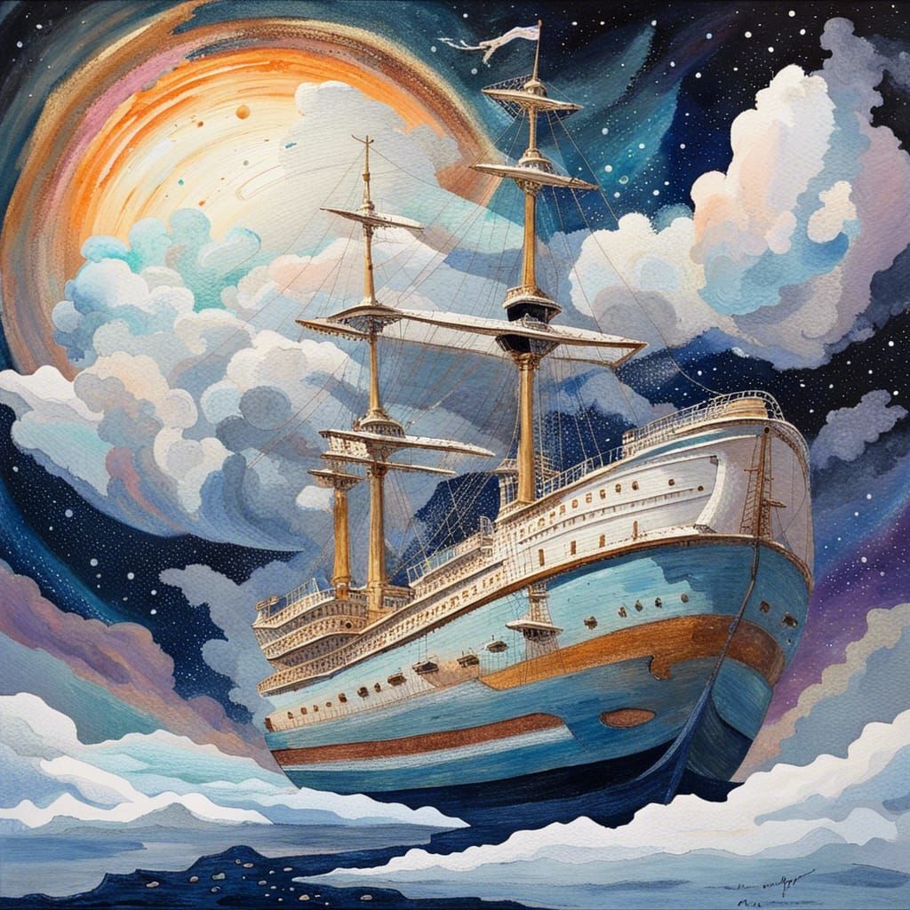 Cosmic Ship Unveiled: An Impressionist Gouache Painting