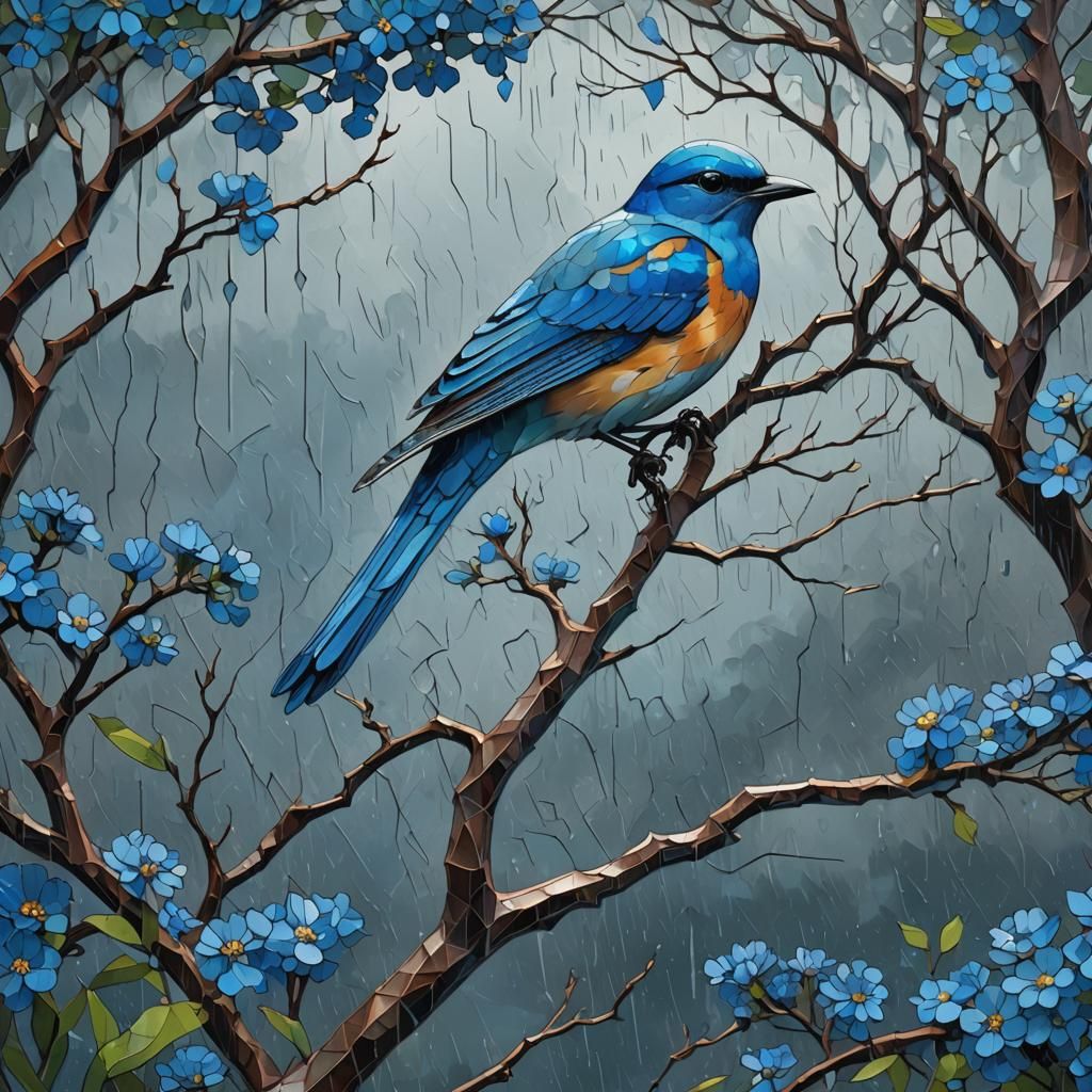 Blue Bird in Geometric Art Deco Cubism