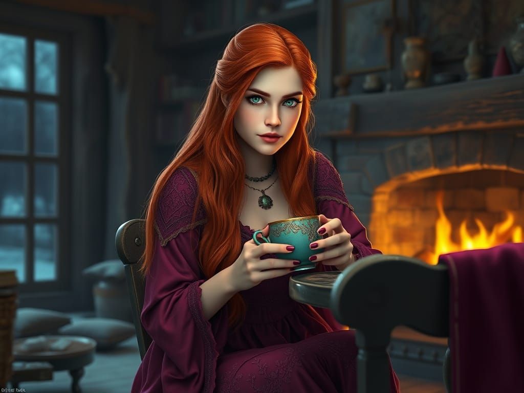 Viking Goddess Sips Tea by Fireplace in Dark Fantasy Cottage