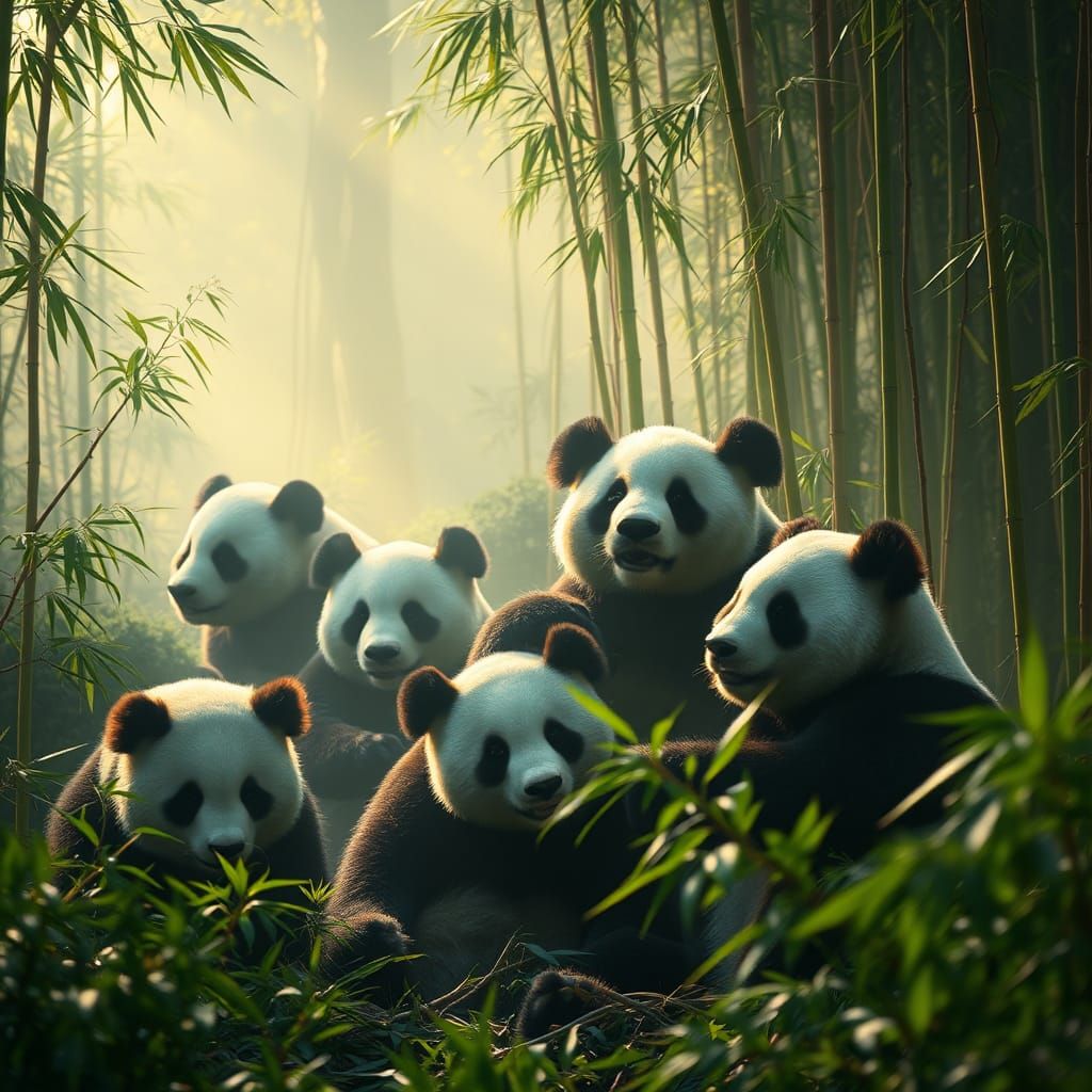 Giant Pandas Gathering in Misty Bamboo Forest