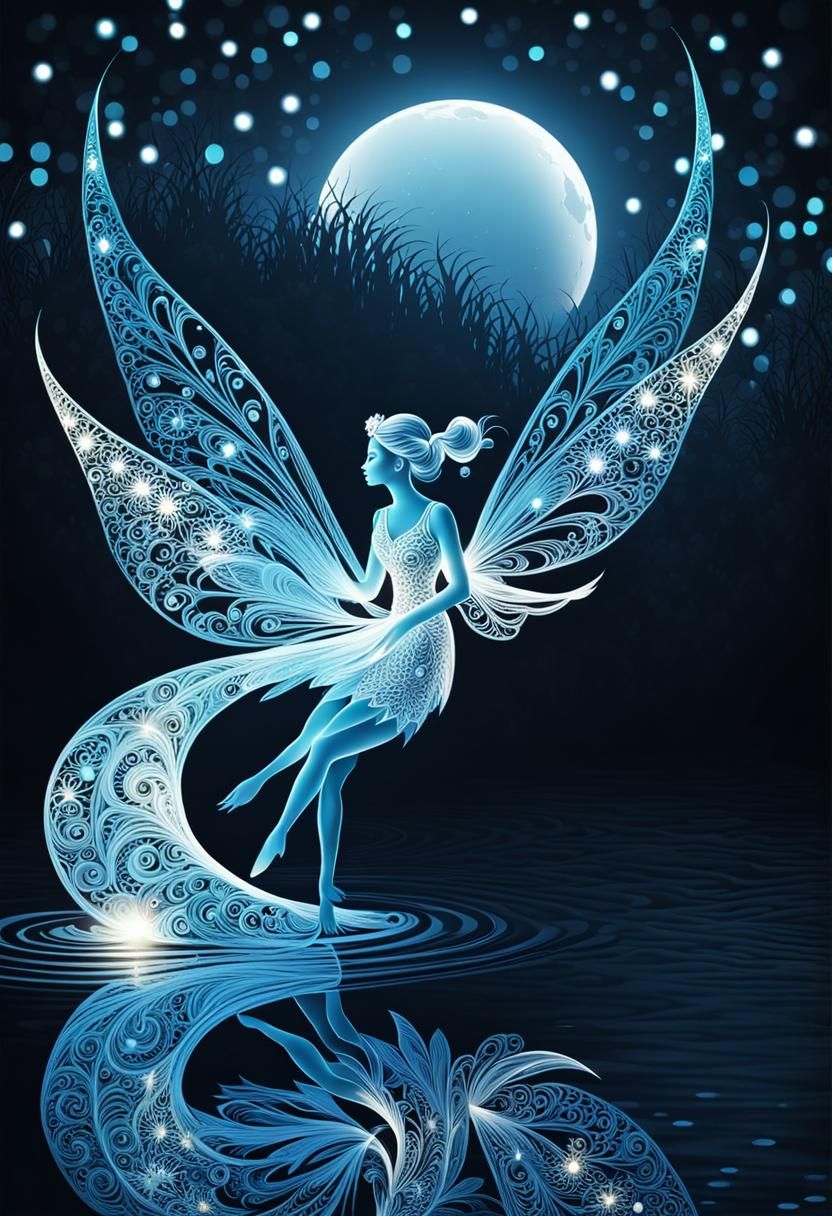 Pixie is illuminated by the moonlight and their reflection o...