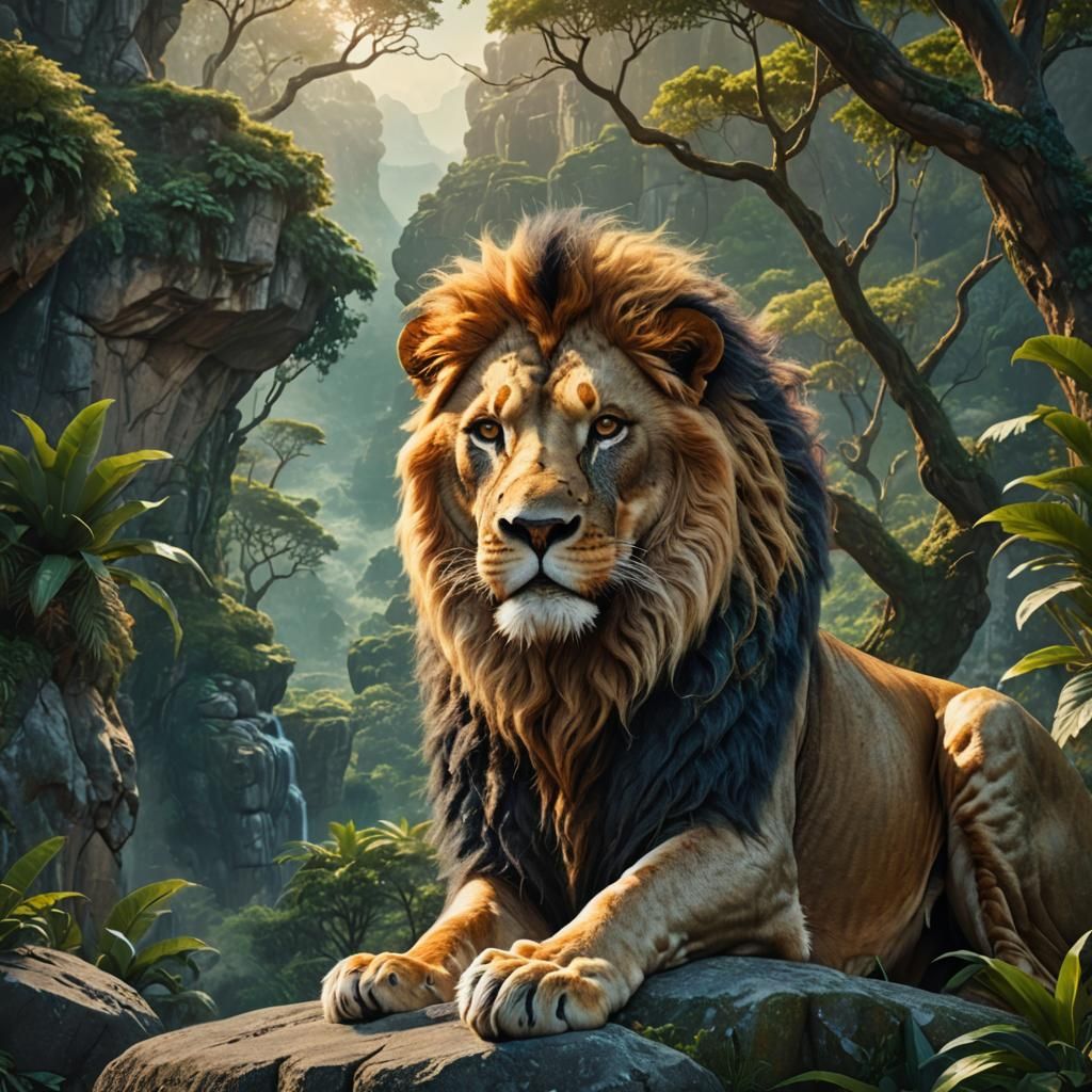 Regal Lion Portrait in Lush Jungle