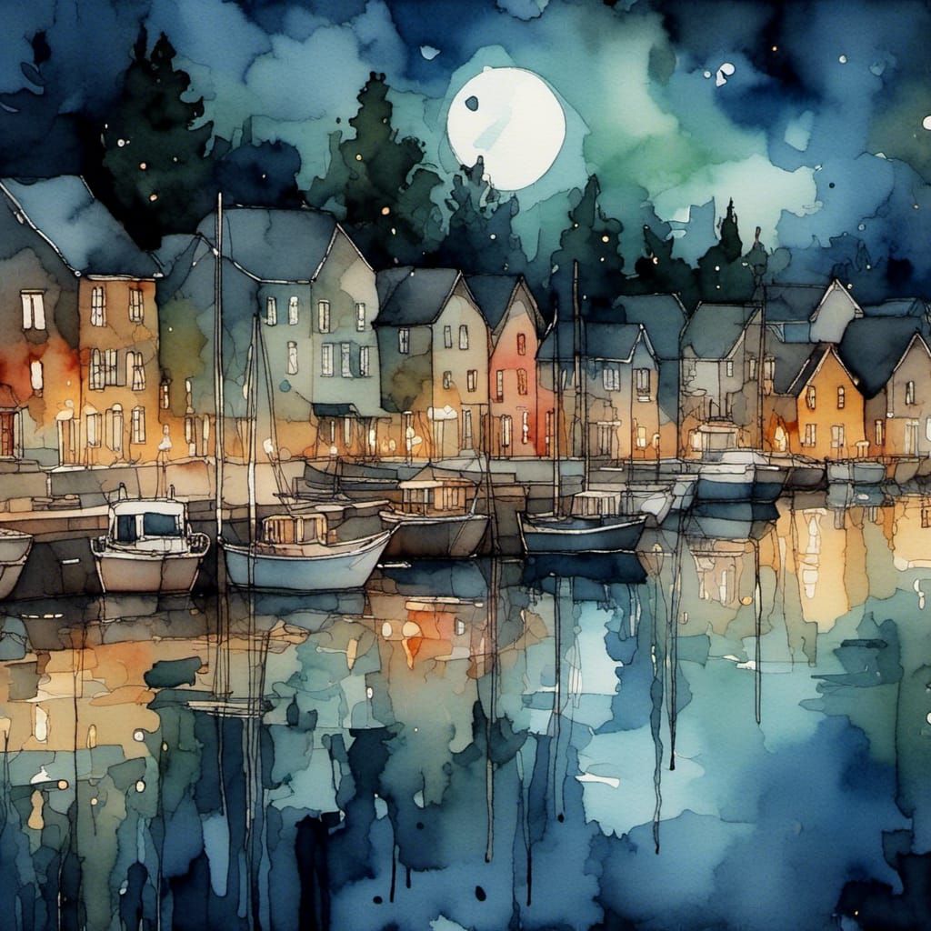 Moonlit Marina in Watercolor and Ink Style