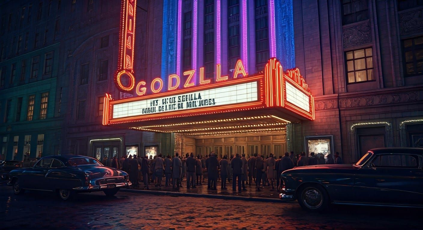 Art Deco Theater Showing Godzilla in Neon Cityscape