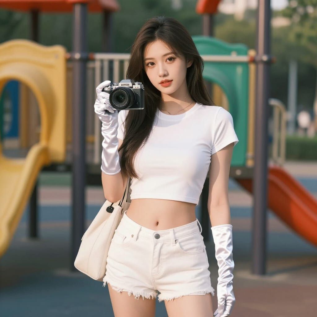 Photorealistic Woman with Phone in Sunlit Playground