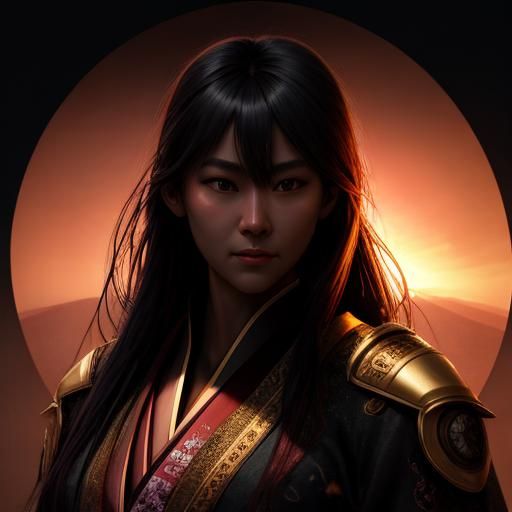 Japanese Warrior Woman in Paisley Robes: 3D Render