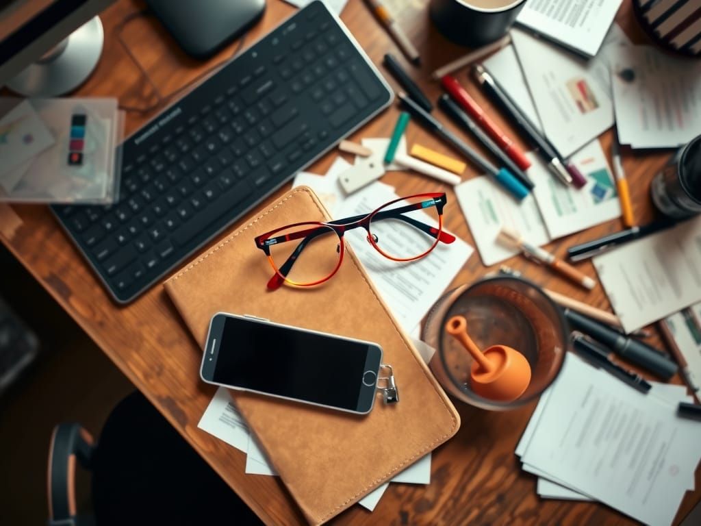 Still Life of Office Desk Clutter in Modern Photographic Sty...
