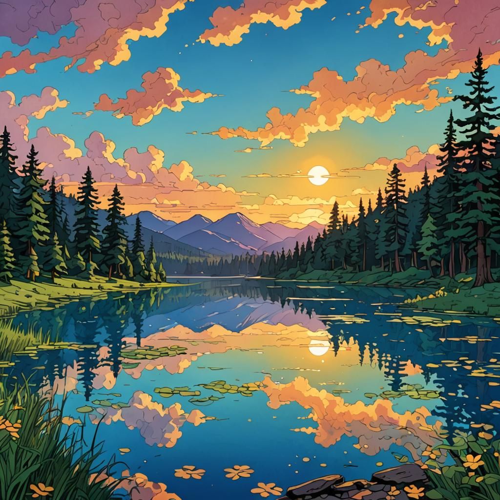 Cel-Shaded Dada Sunset Lake: Ultra Detailed