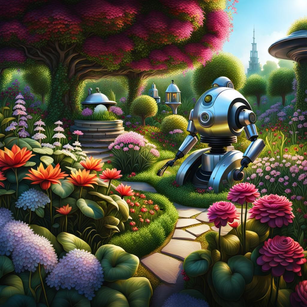 Fantasy Garden Panorama with Gardening Robot
