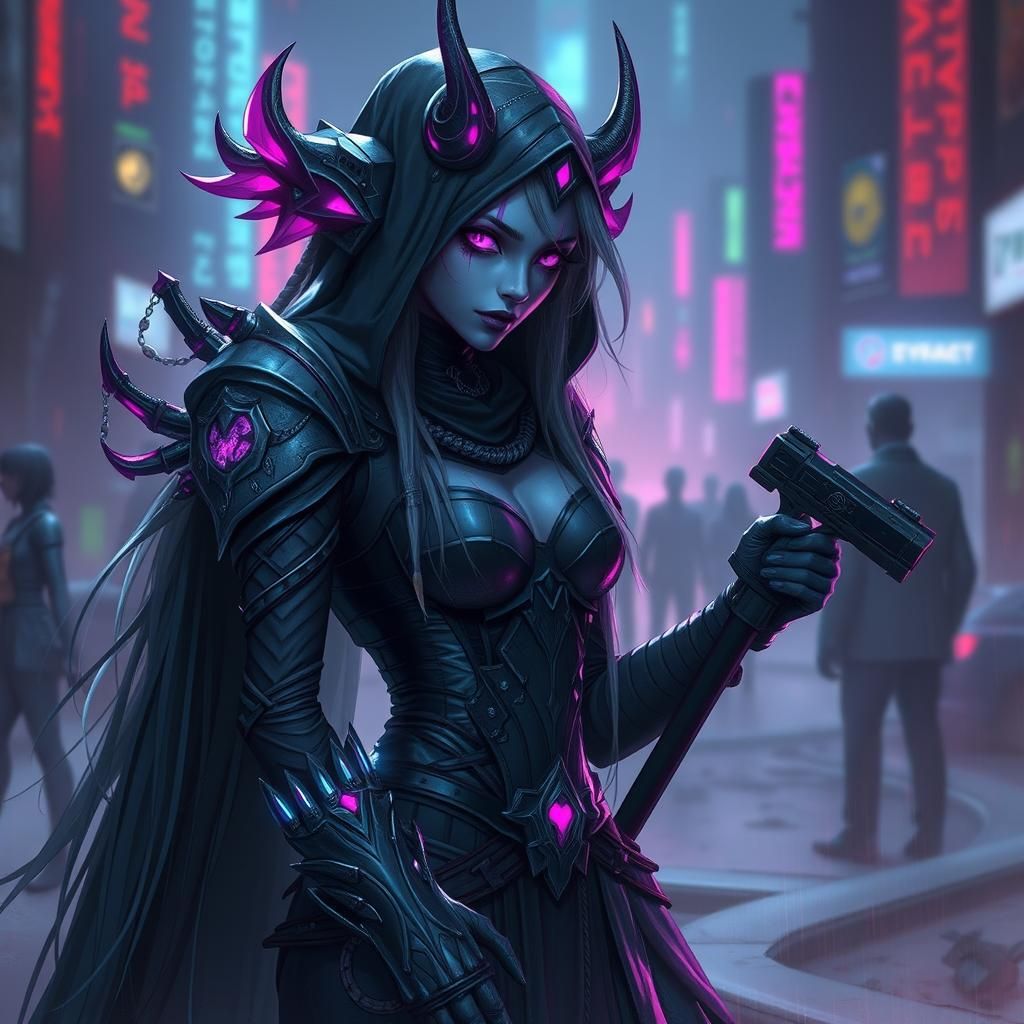 Drow Maiden in Cyberpunk Cityscape