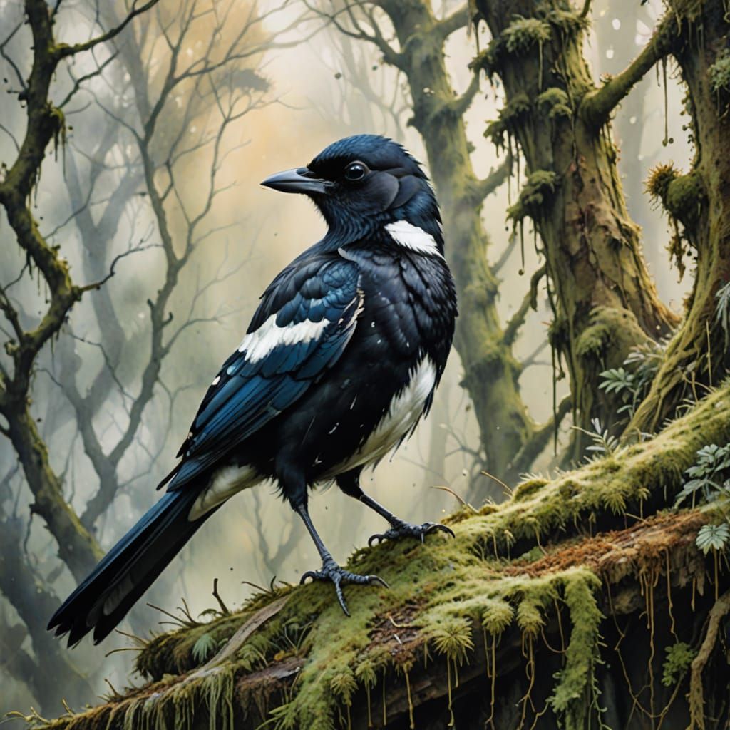 Magpie on Mossy Wall in Watercolor Style
