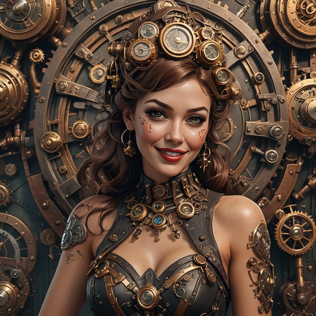 Steampunk Pin-Up with Iron Head, 3D 4K