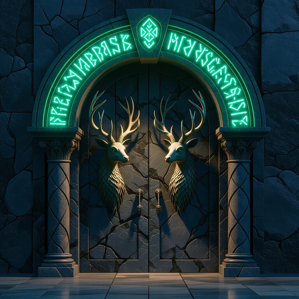 Giger Gothic Fantasy Stone Door with Glowing Runes