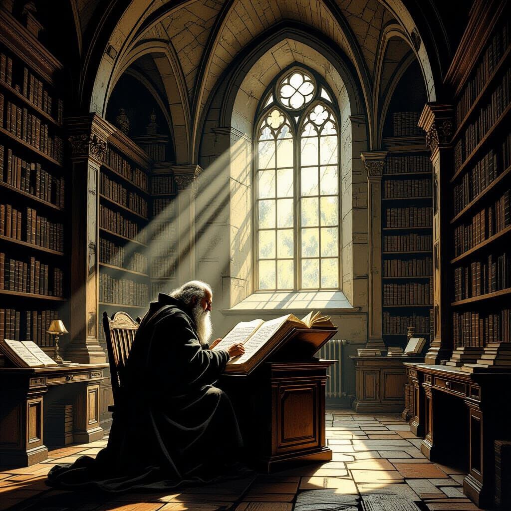 Ancient Scholar Studies Tome in Dim Library