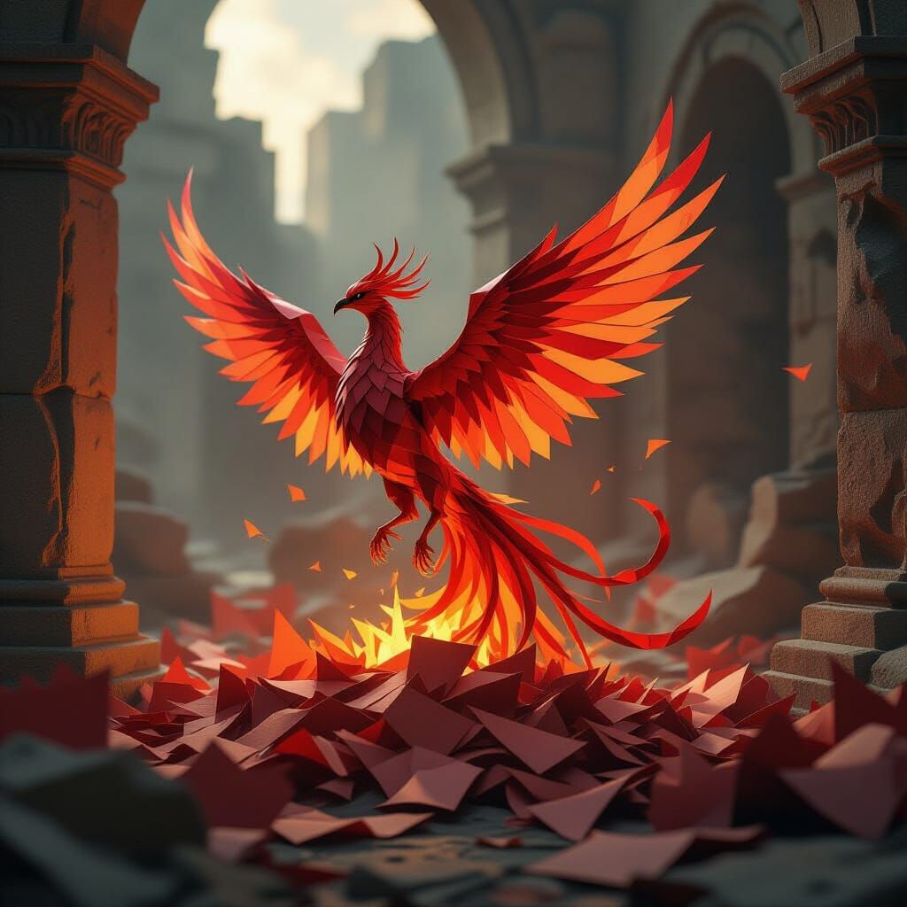 Paper Phoenix Rises from Parchment in Gothic Sci-Fi Style