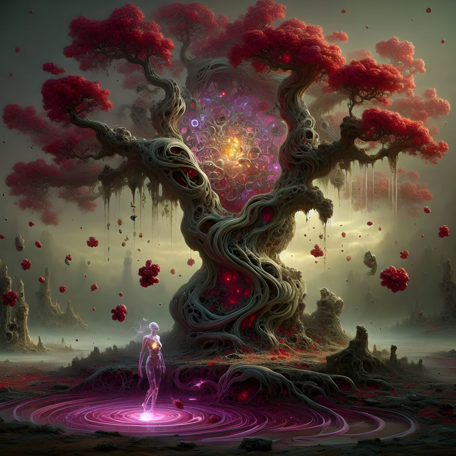 Ethereal Woman Stands Beside a Gnarled, Symbol-Covered Tree...